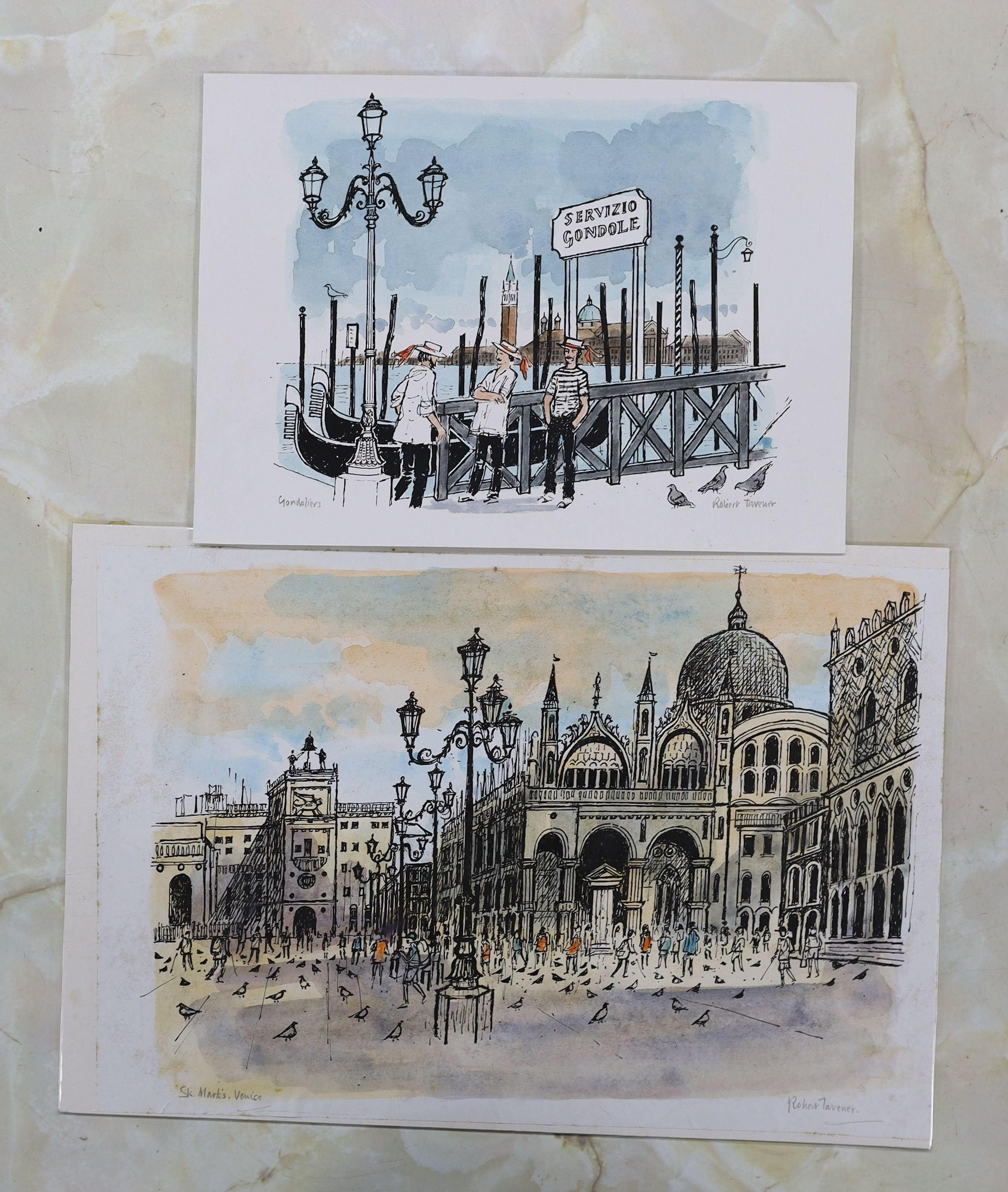 Robert Tavener (1920-2004), two hand coloured lithographs, 'St Mark's Venice' and 'Gondoliers', signed in pencil, 24 x 36cm and 19 x 27cm, unframed